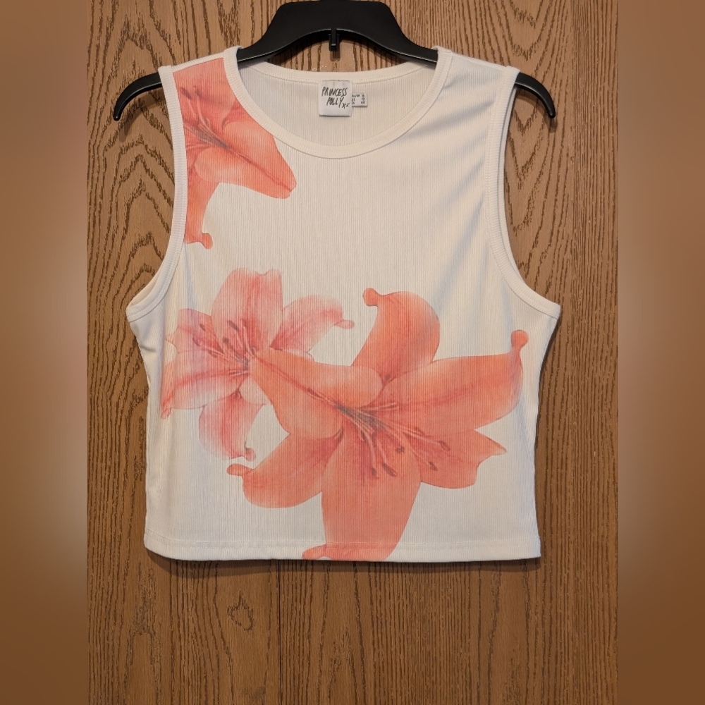Princess Polly White & Coral Graphic Crop Tank Top